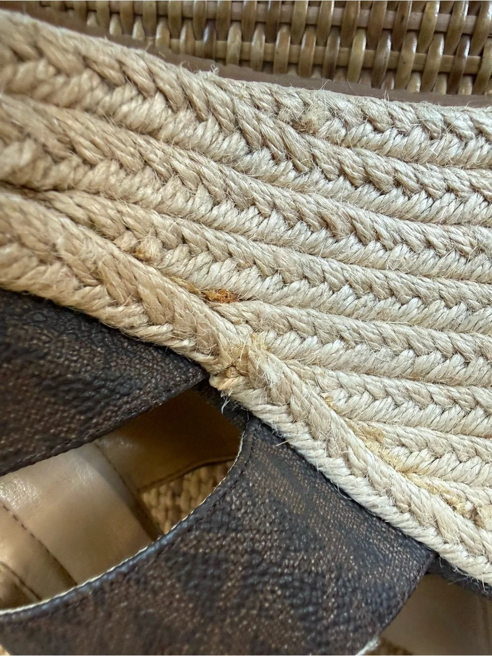 Michael Kors Dark Brown Signature Canvas Espadrille Wedge Sandals with Gold Zip